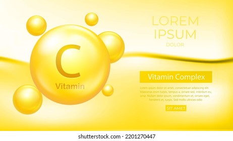 Vitamin C pills vector banner. Vitamin complex medical capsules for health care and beauty. Medical and scientific concepts. Vector EPS10