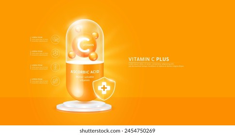 Vitamina C plus en cápsula naranja con escudo cruzado en el podio. Colágeno antibiótico y minerales esenciales para la salud. Anuncio para anuncios de suplementos dietéticos y belleza. Concepto de farmacia médica. Vector.