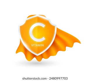 Vitamin C plus in shield knight orange cloak. Protect and build immunity healthy. Vitamins minerals essential. For ads dietary supplements medical pharmacy. Vector EPS10 illustration.