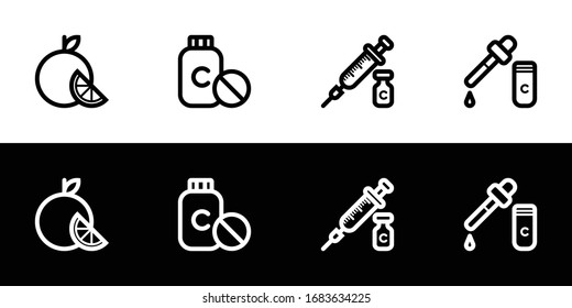 Vitamin C Product Type Icon Set. Flat Design Icon Collection Isolated On Black And White Background. Immune Booster.