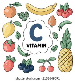 Vitamin C products. Food sources. Flat vector illustration. Fruits and vegetables. Healthy Eating. Diet