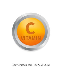 Vitamin C with realistic button. Particles of vitamins in the middle. Multivitamin supplement. Essential vitamin complex. Healthy life concept. Vector illustration