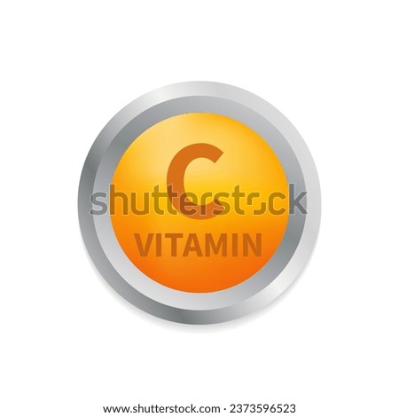 Vitamin C with realistic button. Particles of vitamins in the middle. Multivitamin supplement. Essential vitamin complex. Healthy life concept. Vector illustration