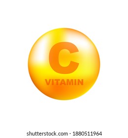 Vitamin C with realistic drop on gray background. Particles of vitamins in the middle. Vector illustration.