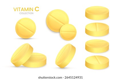 Vitamin C realistic pills isolated on white background. Medical Pill, Capsule, Tablet, medicine drug Collection. 3D vector illustration