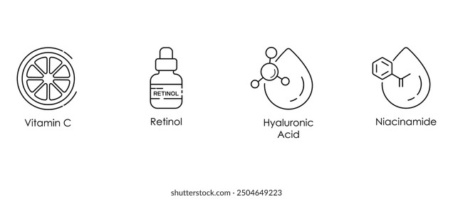 Vitamin C, Retinol, Hyaluronsäure und Niacinamid-Vektorgrafik-Symbolsatz