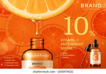 Vitamin C serum ads with liquid dripping from citrus into droplet bottle in 3d illustration