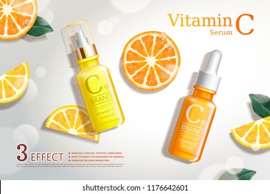Vitamin C serum ads with refreshing citrus sections and droplet bottle in 3d illustration, top view