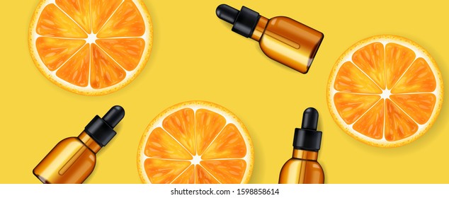 Vitamin C serum, beauty company, skin care bottle, realistic package mockup and fresh citrus, treatment essence, beauty cosmetics, vector banner