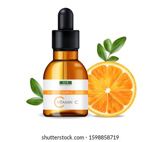 Vitamin C serum, beauty company, skin care bottle, realistic package mockup and fresh citrus isolated, treatment essence, beauty cosmetics, vector banner