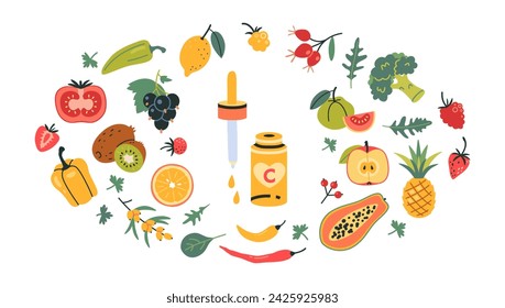 Frasco de suero con pipeta y alimentos enriquecidos con ácido ascórbico. Set de frutas, bayas y verduras. Productos antioxidantes naturales. Ilustración aislada del vector, dibujado a mano, plano