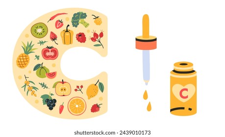 Vitamin C Serum jar with pipette and foods enriched with ascorbic acid in C shape. Fruits, berries and vegetables set. Natural antioxidant products. Isolated vector illustration, hand drawn, flat