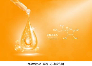 Vitamin C Serum Liquid Gel In Dropper And Structure. Cream Collagen Complex With Chemical Formula From Nature Skin Care Vitamins. On Orange Background 3D Realistic Vector. Medical Scientific Concept.