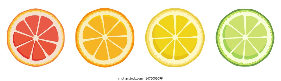 Vitamin C. Set of vector isolated elements. Bright fresh ripe juicy grapefruit orange lemon lime slices isolated on a white background. Template for animation design, icon, logo, poster, advertising.