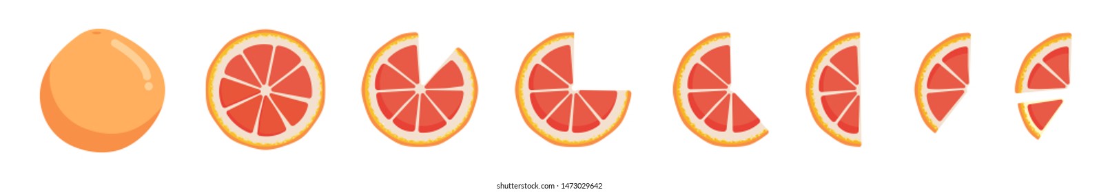 Vitamin C. Set of vector isolated elements. Bright fresh ripe juicy whole and cut grapefruit and slices isolated on white background. Clip art for your design