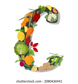 Vitamin C, set of vegetables, fruits and berries isolated on white background. Vector illustration