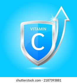 Escudo de vitamina C con átomo azul, una flecha hacia arriba. Proteger el cuerpo para mantenerse sano, protegerse de los productos químicos que entran en el cuerpo. Para alimentos de productos nutritivos. Conceptos científicos médicos. Ilustración vectorial 3D.