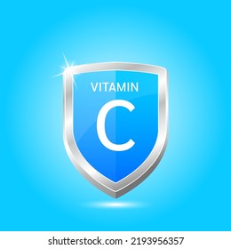 Vitamin C shield with blue atom, an up arrow. Protect body stay healthy, protection from chemicals entering body. For nutrition products food. Medical scientific concepts. Vector illustration 3D.
