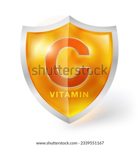 Vitamin C shield isolated on white background. Protect your body with a crystal clear orange shield. To advertise body vitamins, nutritional supplements, food nutrition, medical concepts.