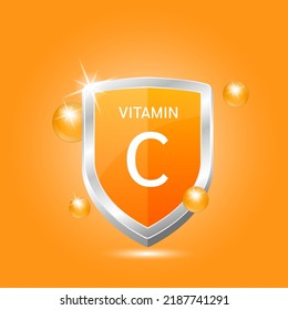 Vitamin C shield with orange atom circle bubbles surround. Protect body stay healthy. Medical scientific concept. For nutrition products food.  Vector illustration 3D. Natural extracts.