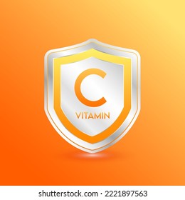 Vitamin C shield orange. Protect the body stay healthy. For nutrition products food. Metal aluminum label 3d isolated realistic on solid background. Medical scientific concepts. Vector illustration.