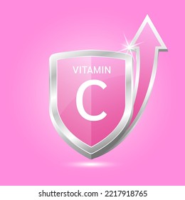 Vitamin C shield with pink atom, an up arrow. Vector illustration 3D. Protect body stay healthy, protection from chemicals entering body. For nutrition products food. Medical scientific concepts. 