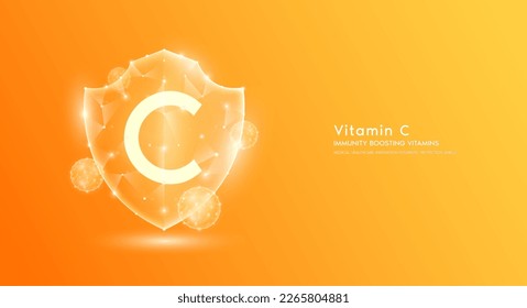 Protector de vitamina C naranja translúcido poligonal. Vitaminas de refuerzo inmunológico. La innovación médica protege su cuerpo sano. Escuche la protección futurista moderna del triángulo de popa bajo. Vector de pancarta.