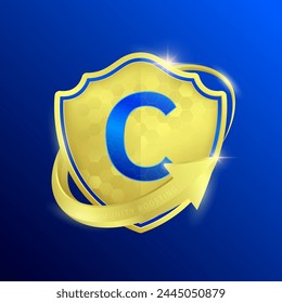 Vitamin C in shine gold shield surrounded by arrows. Vitamins immunity boosting. Symbol 3D isolated on blue background. Used for design dietary supplement products. Vector EPS10 illustration.