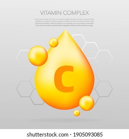 Vitamin C shining pill capcule icon. Shining golden substance drop. Meds ads. Beauty treatment nutrition skin care design. Vector illustration