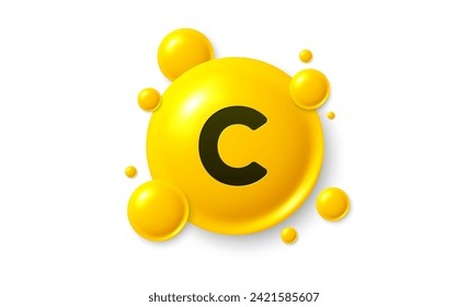 Vitamin C shining pill capsule icon. Shining golden substance drop. Meds ads. Medical nutrition for health. Pharmacy healthcare supplements. Vitamin C medicine. Vector illustration.