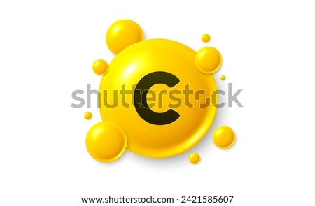 Vitamin C shining pill capsule icon. Shining golden substance drop. Meds ads. Medical nutrition for health. Pharmacy healthcare supplements. Vitamin C medicine. Vector illustration.