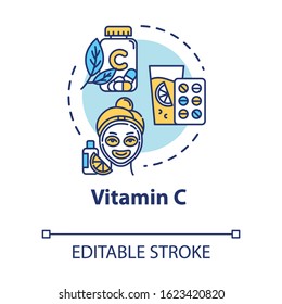 Vitamin C, skin care and healthcare concept icon. Citrus extract, antioxidant, ascorbic acid idea thin line illustration. Vector isolated outline RGB color drawing. Editable stroke