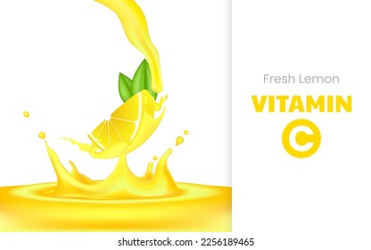  Vitamin C soluble effervescent pills with lemon flavor. Realistic lemon sliced with green leaf, sour fresh fruit, bright yellow zest. Vector realistic poster of lemon juice with splash and drops.