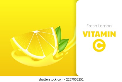  Vitamin C soluble effervescent pills with lemon flavor. Realistic lemon sliced with green leaf, sour fresh fruit, bright yellow zest. Vector realistic poster of lemon juice with splash and drops.