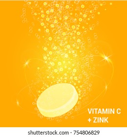 Vitamin C soluble pills with Lemon flavour in water with sparkling fizzy bubbles trail. Ascorbic acid. Vitamineral complex package design with citrus yellow background. Treatment cold flu.