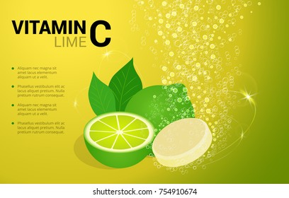 Vitamin C soluble pills with lime flavour in water with sparkling fizzy bubbles trail. Ascorbic acid. Vitamineral complex package design with citrus yellow background.