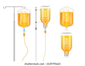 Vitamin C Solution Inside Saline Bag, Bottle, Syringe Hanging On Pole. Isolated On White Background Vector. Serum Collagen Vitamins IV Drip And Minerals Orange For Health. Medical Aesthetic Concept.