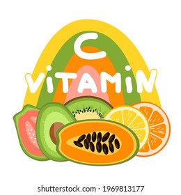 Vitamin C source concept. Fruits containing ascorbic acid with a letter on color rainbow background. Orange, lemon, kiwi, kakadu plum, guava, papaya vector illustration