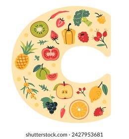 Vitamin C sources food in C shape. Fruits, berries and vegetables set. Natural antioxidant and immune support. Isolated cartoon vector illustration, hand drawn, flat