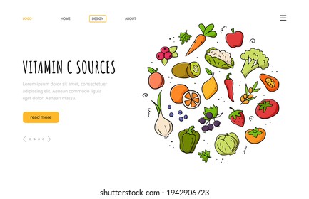 Vitamin C sources landing page template. Set of vegetables, fruits, berries. Hand drawn vector color illustration. Doodle sketch style.