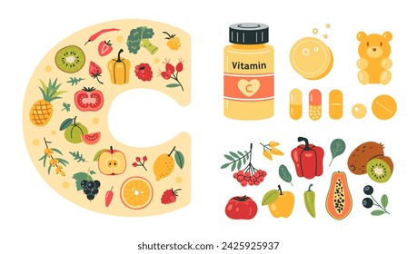 Vitamin C sources set with food rich in it, tablets and capsules. Fruits, berries, vegetables and pharmacy products. Natural antioxidant and immune support. Isolated cartoon vector illustration, flat