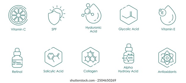 Vitamin C, SPF, Hyaluronsäure, Glykolsäure, Vitamin E, Retinol, Salicylsäure, Kollagen, Alpha-Hydroxysäure und Antioxidantien Vektorgrafik-Symbolsatz