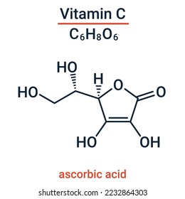 Vitamin C. Structural chemical formula. Vector illustration for scientific medical articles describing the arrangement and bond order of atoms in ascorbic acid.