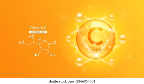 Vitamin C with structure chemical formula. Bubble collagen serum orange and Vitamins complex for cosmetics design. Medical concepts. Beauty treatment nutrition skincare. 3D Vector. svg