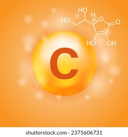 Vitamin C und seine Struktur. Eine medizinische Kapsel. 3D Vitamin-Komplex mit chemischer Formel. Kosmetische Pflege, Ernährung, Hautpflege, Design. Medizinische und wissenschaftliche Konzepte. Vektorgrafik
