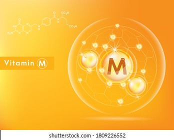 Vitamin C and structure. Medicine capsule, Golden substance. 3D Vitamin complex with chemical formula. Personal care and beauty concept. Vector Illustration