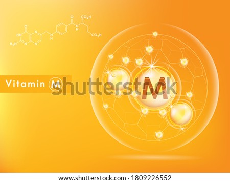 Vitamin C and structure. Medicine capsule, Golden substance. 3D Vitamin complex with chemical formula. Personal care and beauty concept. Vector Illustration