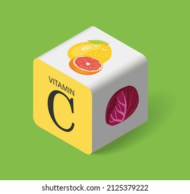 Vitamin C  Substances necessary for human health. Micro and macro elements, nutrients. A chemical element and products with a high content of it. Modern design