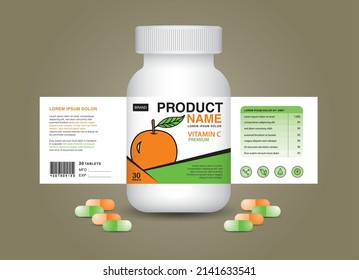 Vitamin C Supplement Bottle Packaging, Cosmetic Package. Product Design. Beauty Label, 3d Supplement Bottle, 3d White Plastic Pills Box, White Medical Container. Healthcare Bottle, Realistic Mock-up. 