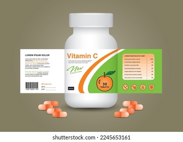 Vitamin C ergänzt Flaschenverpackung, Kosmetische Verpackungsgestaltung. Produktdesign. Beauty-Etikett, 3D-Beipackflasche, 3D-Plastikverpackung, weißer medizinischer Behälter. Gesundheitsflasche, Vektorgrafik